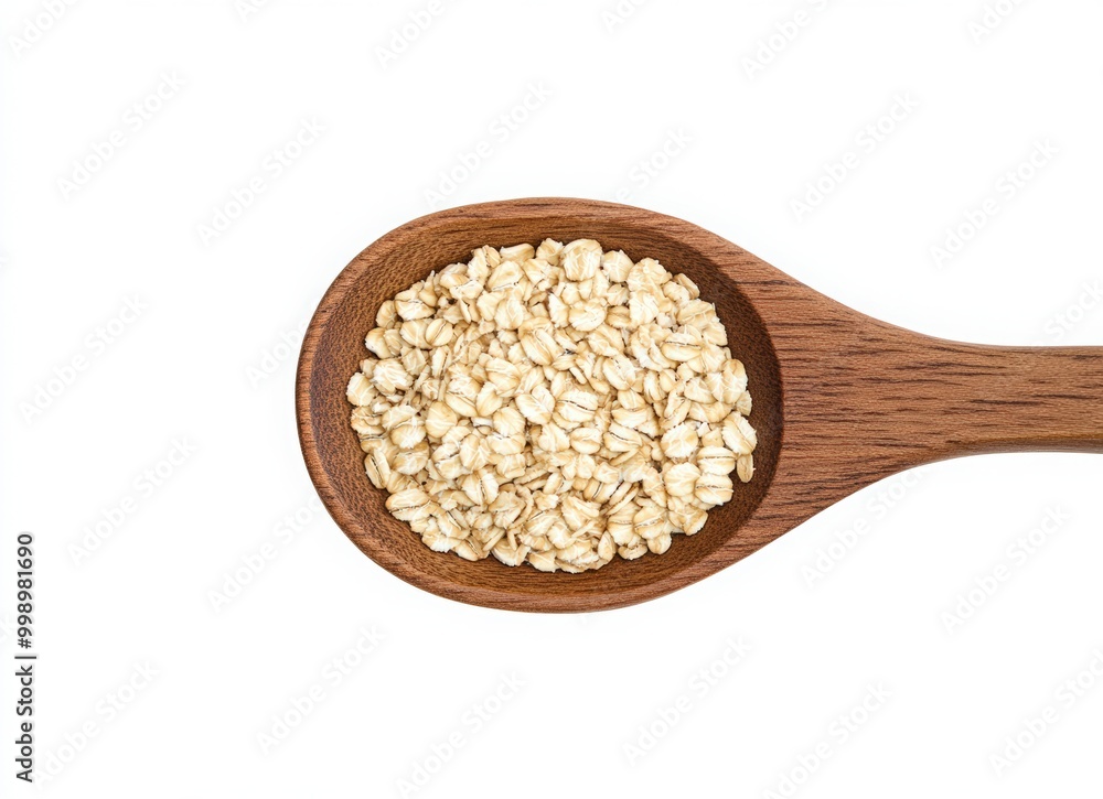 Wooden spoon with a dry breakfast of rolled oats on a white background. National oatmeal day Wooden spoon with a dry breakfast of rolled oats on a white background. National oatmeal day