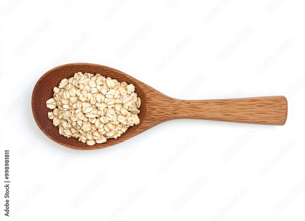 Wooden spoon with a dry breakfast of rolled oats on a white background. National oatmeal day Wooden spoon with a dry breakfast of rolled oats on a white background. National oatmeal day