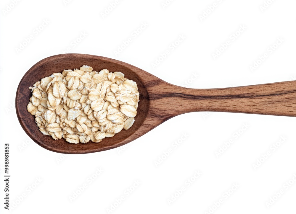 Wooden spoon with a dry breakfast of rolled oats on a white background. National oatmeal day Wooden spoon with a dry breakfast of rolled oats on a white background. National oatmeal day