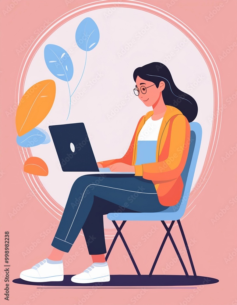 An illustration of a woman working on a laptop while sitting on a chair, symbolizing productivity, remote work, and focus in a relaxed setting. An illustration of a woman working on a laptop while sitting on a chair, symbolizing productivity, remote work, and focus in a relaxed setting.