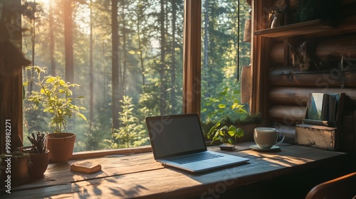 sunset in window warm house in forest with