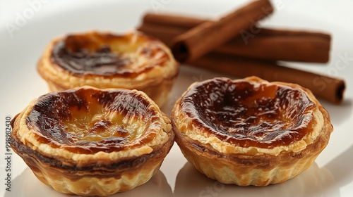 Pastel de nata tarts and cinnamon sticks on table 