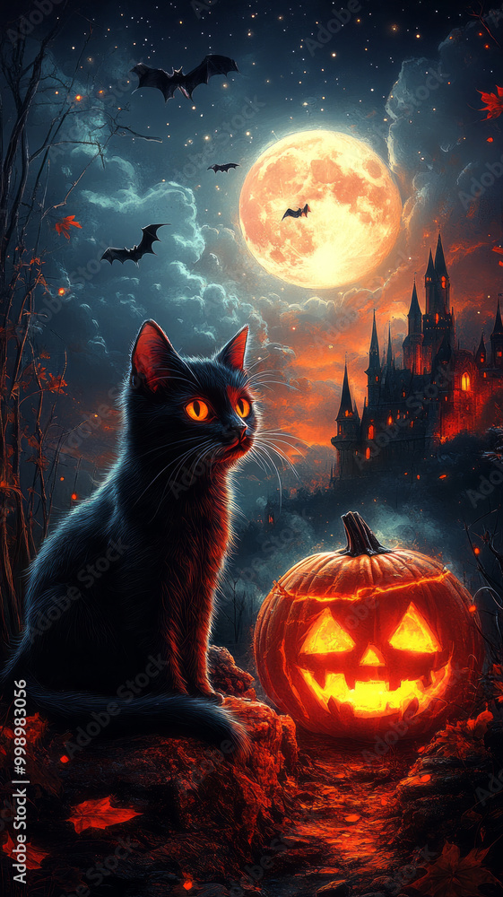 A spooky Halloween scene with a glowing carved pumpkin, a black cat with piercing eyes sitting next to it, and a haunted castle in the background under a full moon. A spooky Halloween scene with a glowing carved pumpkin, a black cat with piercing eyes sitting next to it, and a haunted castle in the background under a full moon.