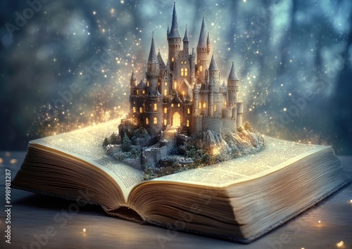 A magical castle emerges from an open book, glowing with light and surrounded by twinkling lights.