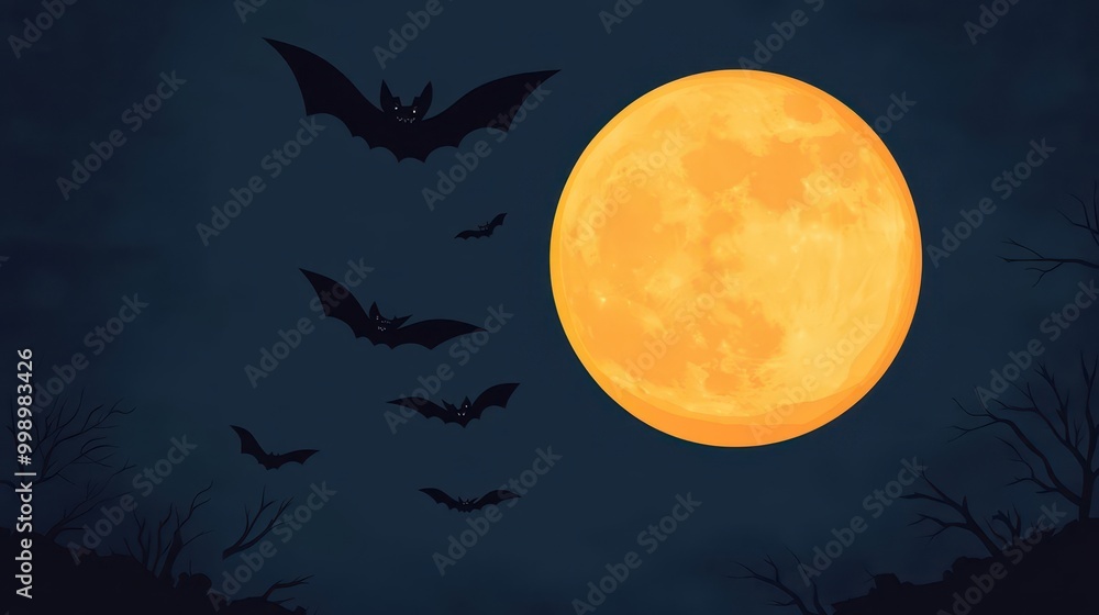 Bright October full moon on Halloween, bats and dark silhouettes, flat design illustration Bright October full moon on Halloween, bats and dark silhouettes, flat design illustration