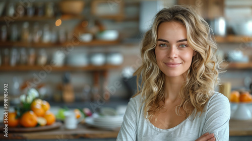 young homemaker smiles warmly in her kitchen, surrounded by neat shelves with dishes.