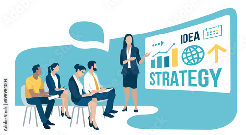 Education, learning. Strategy, business illustration. The business team listens to the female teacher, leader. 