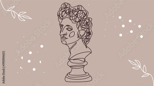 an abstract line art drawing of a bust statue with intricate curly hair, set against a beige background adorned with simple leaf and dot patterns.