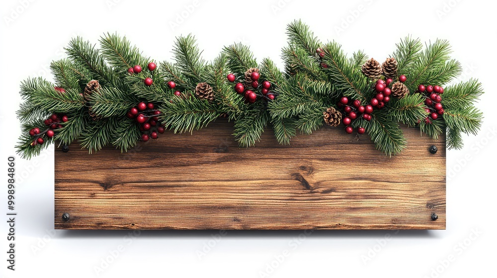 Festive Christmas Wood Signboard with Fir and Red Berries: 3D Illustration of Pine Decoration for Holiday Themes Festive Christmas Wood Signboard with Fir and Red Berries: 3D Illustration of Pine Decoration for Holiday Themes