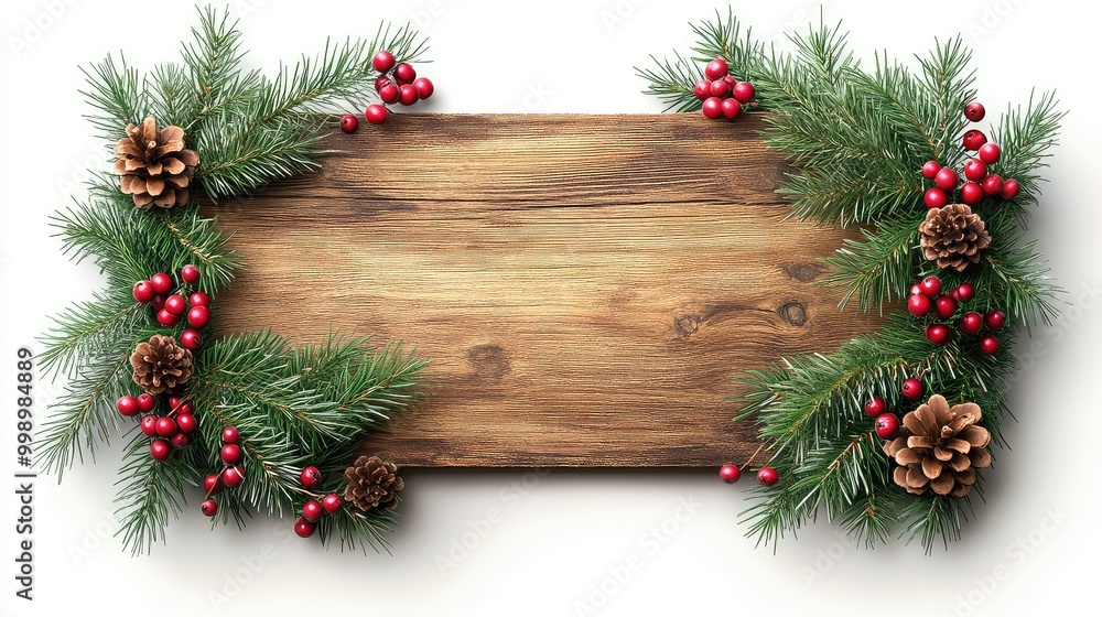 Festive Christmas Wood Signboard with Fir and Red Berries: 3D Illustration of Pine Decoration for Holiday Themes Festive Christmas Wood Signboard with Fir and Red Berries: 3D Illustration of Pine Decoration for Holiday Themes