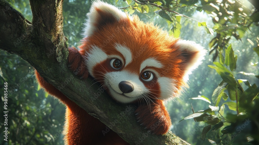 Obraz premium A cute red panda with fluffy fur hanging from a tree branch in a forest, surrounded by green foliage