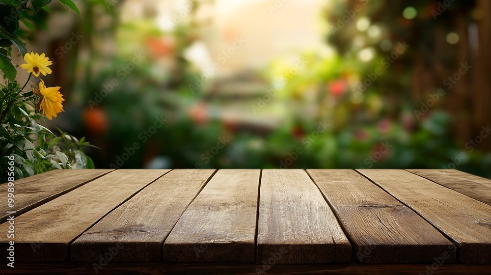 empty wooden background with a blurred background to the garden empty wooden background with a blurred background to the garden