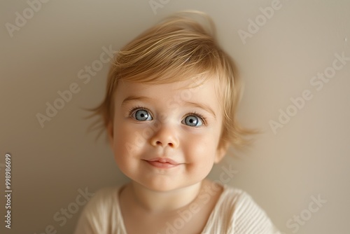 Adorable toddler with blue eyes. Ideal for conveying innocence and joy in parenting, childcare, and familyoriented advertisements. Suitable for editorial and commercial use