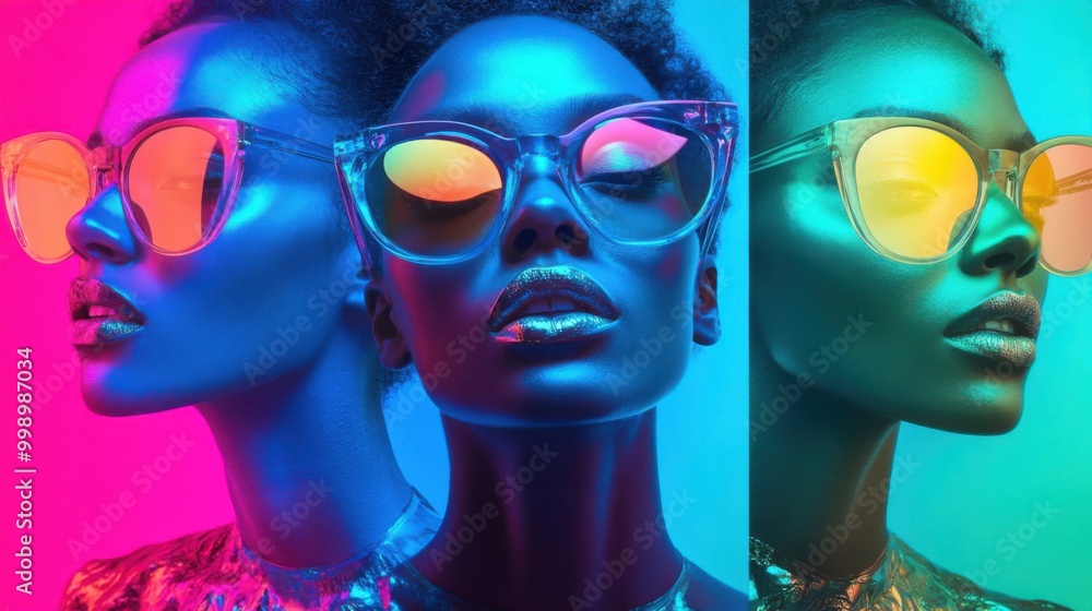 Obraz premium Striking Neon Portraits: Captivating Beauty and Fashion in Vibrant Colors