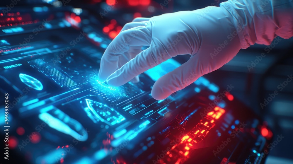 A gloved hand interacts with a futuristic holographic interface, showcasing advanced technology. A gloved hand interacts with a futuristic holographic interface, showcasing advanced technology.