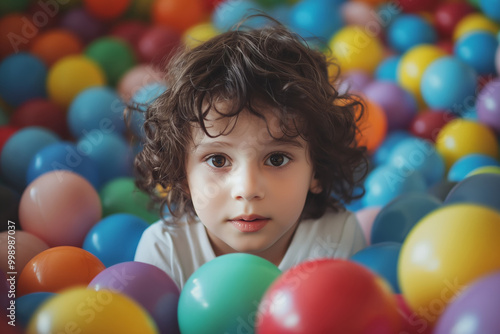 Child playing among colorful plastic balls in a ball pit, creating a fun and engaging environment for children's indoor play areas and activity centers photo