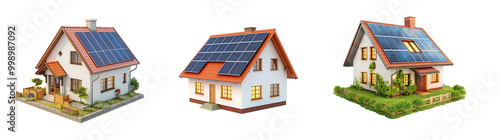 Collection set of miniature futuristic generic smart home with solar panels rooftop system for renewable energy concept on transparent background, cut out png
