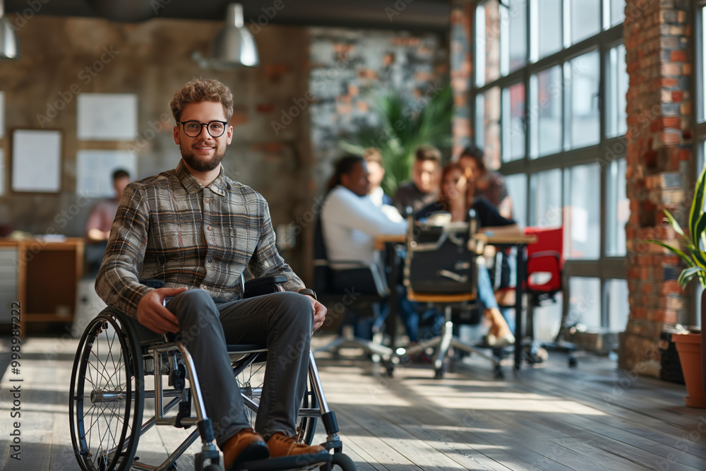 Confident young man in wheelchair in modern office. An ideal image depicting empowerment and inclusion in a professional setting. Perfect for diversity, workplace inclusion, and motivational content. Confident young man in wheelchair in modern office. An ideal image depicting empowerment and inclusion in a professional setting. Perfect for diversity, workplace inclusion, and motivational content.