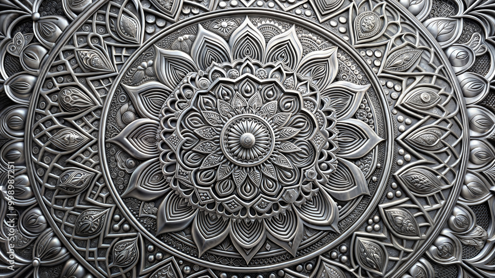 Mandala with intricate pattern in silver metal Mandala with intricate pattern in silver metal
