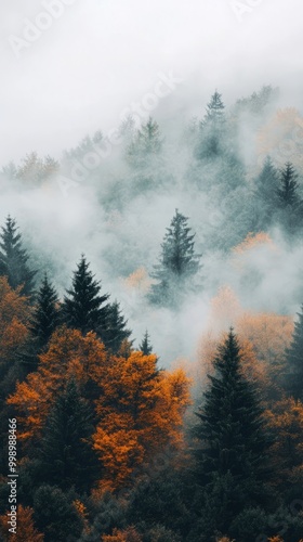 Misty forest with fall foliage.