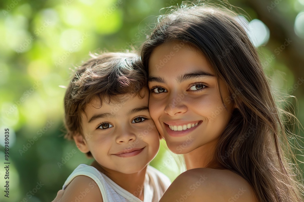 Mother and child smiling outdoors, showcasing love, bonding, and natural happiness in a bright, lush green environment Mother and child smiling outdoors, showcasing love, bonding, and natural happiness in a bright, lush green environment