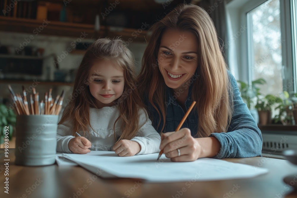 Mother and daughter bonding over drawing at home, promoting creativity and family connection, ideal for parenting and education content Mother and daughter bonding over drawing at home, promoting creativity and family connection, ideal for parenting and education content