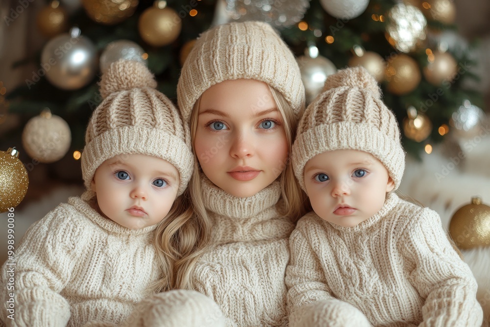 Beautiful young mother with her two adorable little daughters. Beautiful young mother and her adorable little daughters in knitted hats are sitting on the floor near the Christmas tree. Beautiful young mother with her two adorable little daughters. Beautiful young mother and her adorable little daughters in knitted hats are sitting on the floor near the Christmas tree.