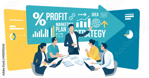 Strategy, education, learning business illustration. The business team listens to the leader, teacher. 