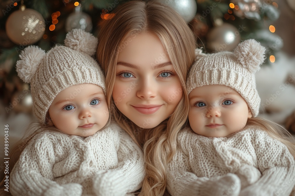Beautiful young mother with her two adorable little daughters. Beautiful young mother and her adorable little daughters in knitted hats are sitting on the floor near the Christmas tree. Beautiful young mother with her two adorable little daughters. Beautiful young mother and her adorable little daughters in knitted hats are sitting on the floor near the Christmas tree.