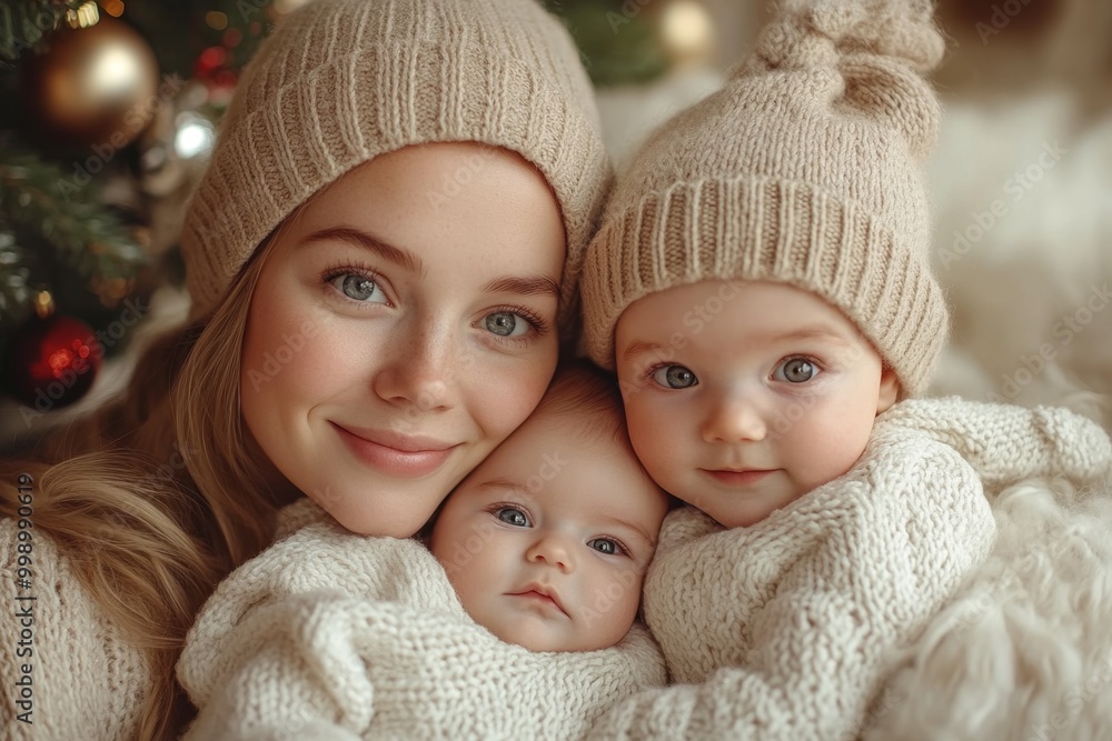 Beautiful young mother with her two adorable little daughters. Beautiful young mother and her adorable little daughters in knitted hats are sitting on the floor near the Christmas tree. Beautiful young mother with her two adorable little daughters. Beautiful young mother and her adorable little daughters in knitted hats are sitting on the floor near the Christmas tree.