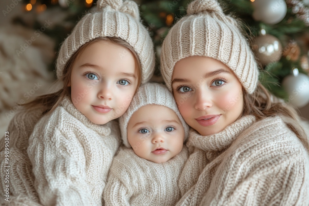 Beautiful young mother with her two adorable little daughters. Beautiful young mother and her adorable little daughters in knitted hats are sitting on the floor near the Christmas tree. Beautiful young mother with her two adorable little daughters. Beautiful young mother and her adorable little daughters in knitted hats are sitting on the floor near the Christmas tree.