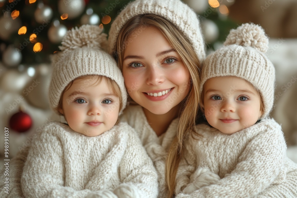 Beautiful young mother with her two adorable little daughters. Beautiful young mother and her adorable little daughters in knitted hats are sitting on the floor near the Christmas tree. Beautiful young mother with her two adorable little daughters. Beautiful young mother and her adorable little daughters in knitted hats are sitting on the floor near the Christmas tree.