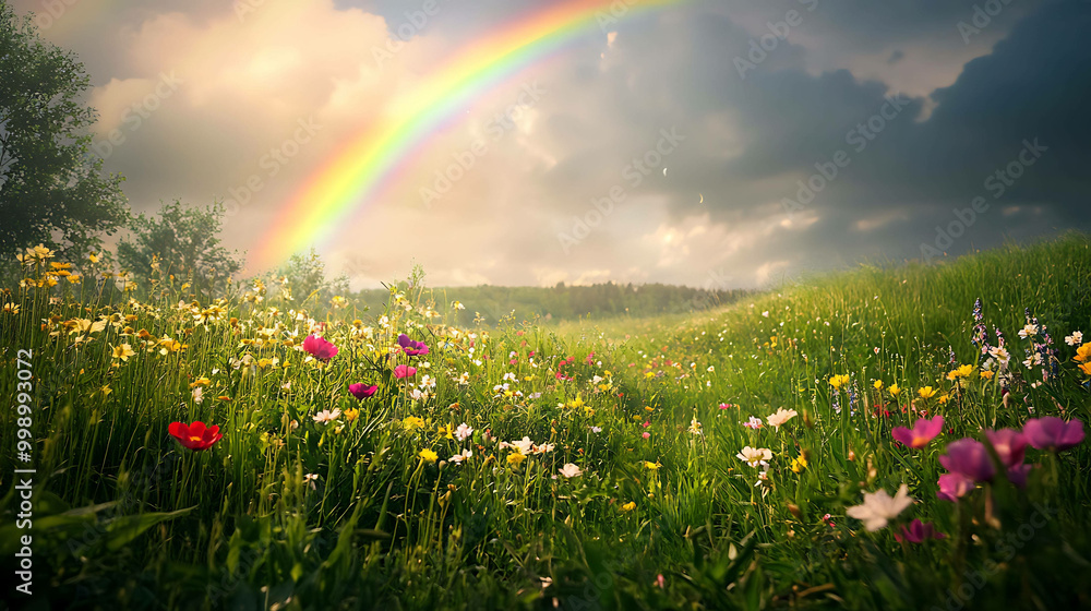 Naklejka premium A beautiful rainbow shines over a field of wildflowers after a summer rain.