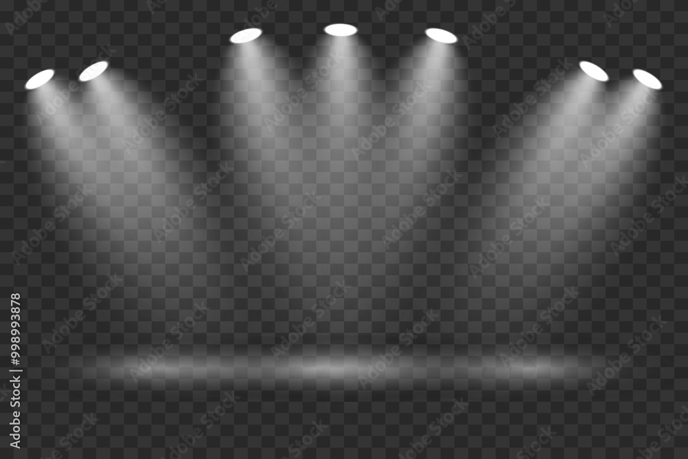 Obraz premium Light spotlights on a transparent background. Stage lighting effect.
