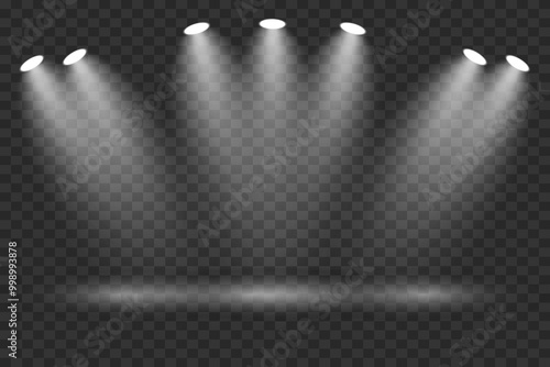 Light spotlights on a transparent background. Stage lighting effect.