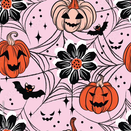 Halloween cute Pumpkin, flowers and spider web Seamless Pattern texture. Modern pink, orange and black girlish Background. Floral holiday Print colors for textile, wrapping paper, wallpaper, web