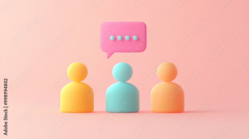 Three colorful 3D figures with a pink speech bubble above them. Three colorful 3D figures with a pink speech bubble above them.