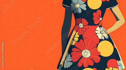 A woman wearing a colorful floral dress stands in front of a bright orange background. photo