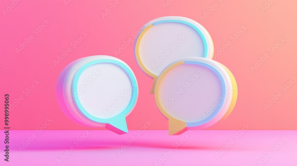 Three blank speech bubbles in vibrant colors against a pink background. Three blank speech bubbles in vibrant colors against a pink background.