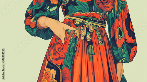 Close-up of a woman wearing a vibrant orange and green floral dress with a sash tied at the waist.