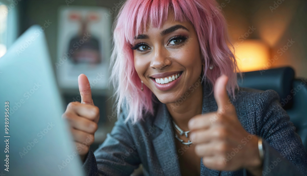 Portrait of beautiful black woman with pink hairstyle, working in office and smiling, , thumbs up gesture, business people