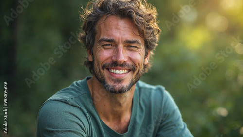 Portrait of outdoors man, portrait of a handsome man, naturally beautiful man smiling at camera