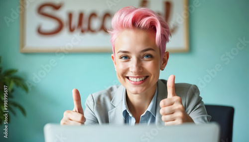 Obraz na płótnie Portrait of beautiful elegant, alternative businesswoman with pink hairstyle, working in office with smile, , thumbs up gesture, business people w salonie