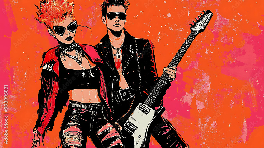 A punk rock couple in black leather jackets and ripped jeans, the man playing an electric guitar. A punk rock couple in black leather jackets and ripped jeans, the man playing an electric guitar.