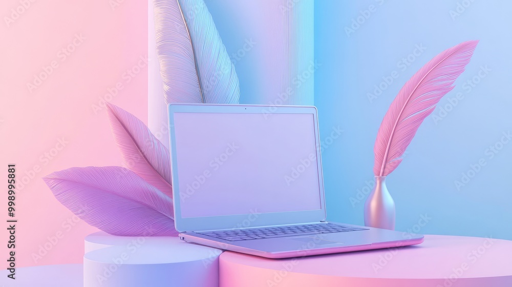 Laptop on a pastel pink and blue podium with feathers.