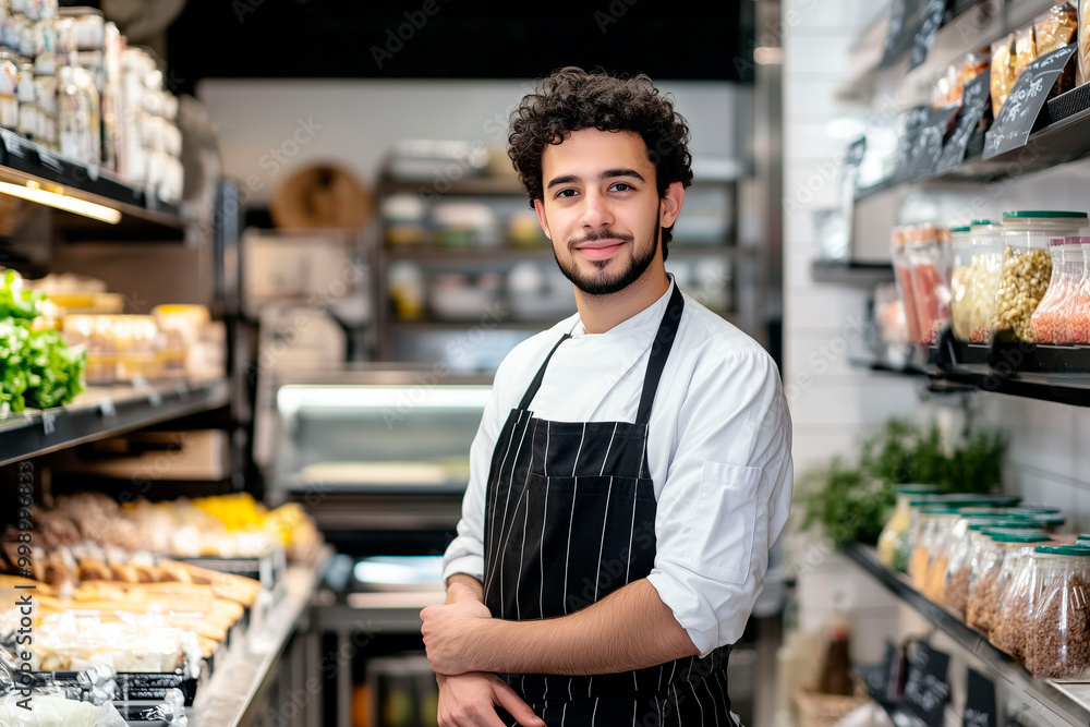 Smiling young chef in a striped apron and white uniform standing in a modern grocery store aisle with various products on the shelves Smiling young chef in a striped apron and white uniform standing in a modern grocery store aisle with various products on the shelves