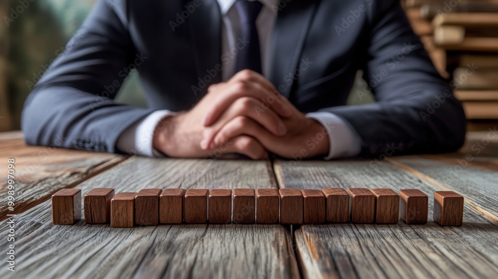 Businessman arranging wooden blocks on a table Businessman arranging wooden blocks on a table