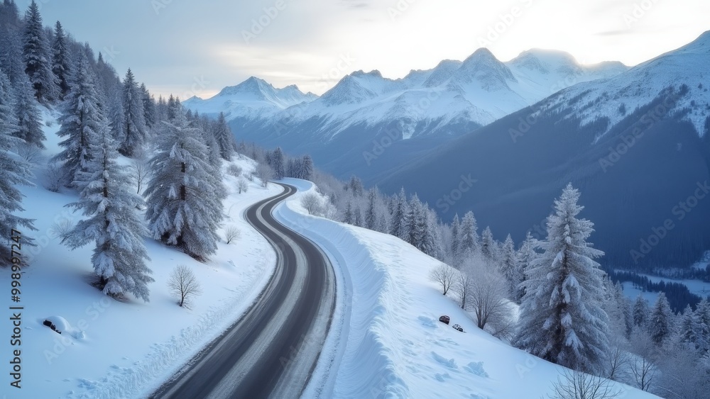 Fototapeta premium Generative AI, a road in the middle of a snowy mountain range with trees and snow covered mountains in the background and a train track running through the middle, winter, a matte painting, superflat 