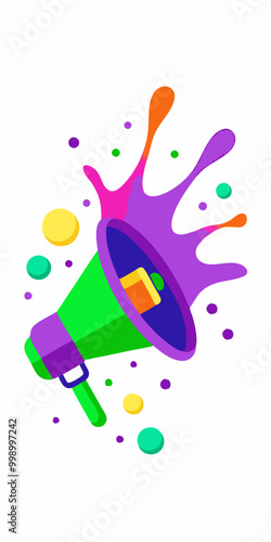 A vibrant and colorful illustration of a megaphone with a paint splash effect, representing a powerful and attention-grabbing announcement. Ideal for marketing, branding.