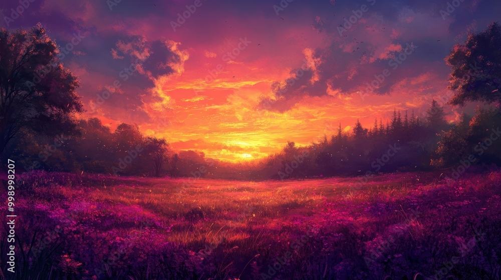 A Vibrant Sunset Over a Field of Purple Flowers and Trees A Vibrant Sunset Over a Field of Purple Flowers and Trees